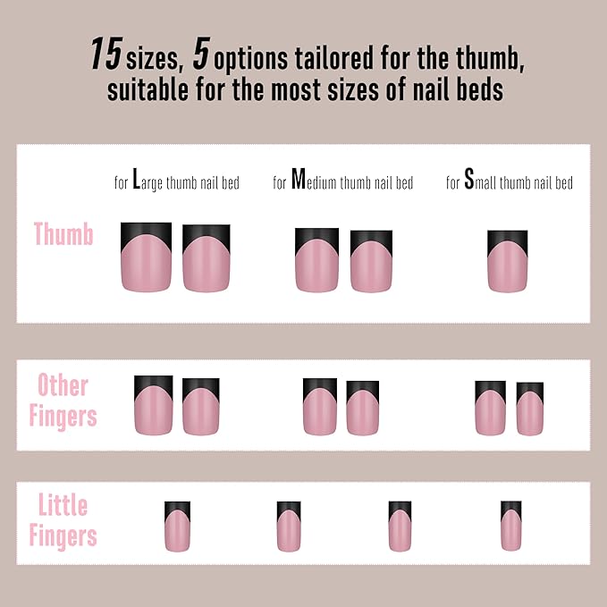 Black French Tip Short Straight Square Nail Tips Press on, BERRY PINK Extra Thick NEED Soft Gel Nail Extension, Need Builder gel & Top,Coat Full Cover False Nails, for DIY x 15 Sizes 150 pcs
