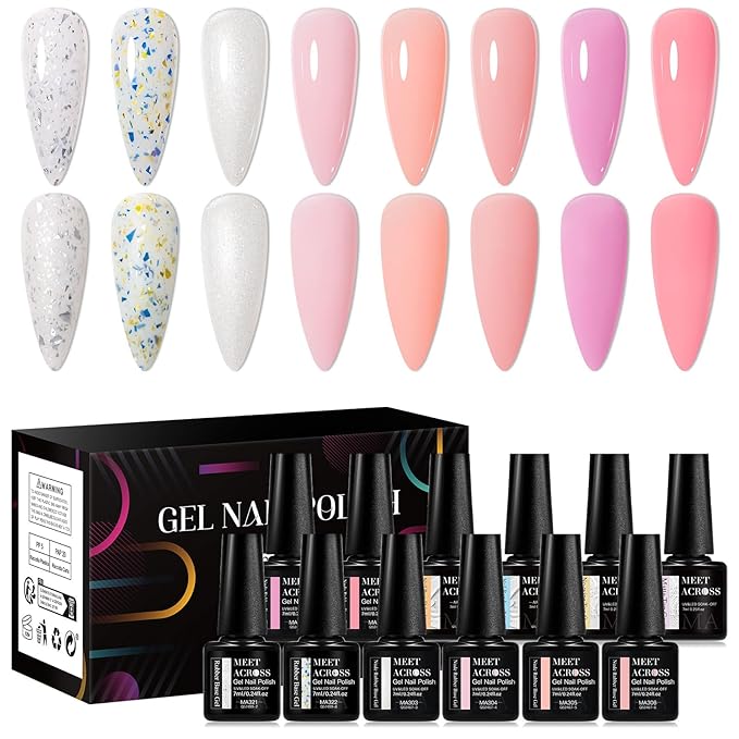 MEET ACROSS 12 Pcs Color Base Gel Nail Polish, 8 Colors Nude Pink Gel Polish Set Neutral Gold Foil Base Coat 3 in 1 Builder Base for Nail Strengthener Soak Off Nail Art for Women