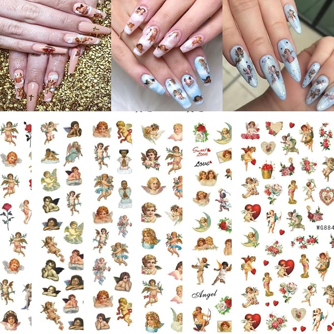 8 Sheets Angel Nail Stickers for Nails Art Cupid Nail Art Stickers 3D Self-Adhesive Rose Heart Angel Wings Designs Valentines Day Nail Decals for Women Holiday Manicure Decorations DIY
