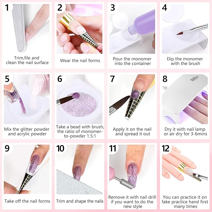 Professional Acrylic Nail Kit - Practice Hand Set with Powder, Brush, DIY Starter Kit for Beginners with tips, glue, and glitter