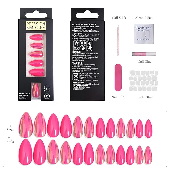Nails Press Ons Almond - Hot Pink Glossy Iridescent Reusable Acrylic False Nails for DIY Manicure, 24 Nails in 12 Sizes with Glue, Adhesive Tabs, Nail File, Prep Pad, Manicure Stick