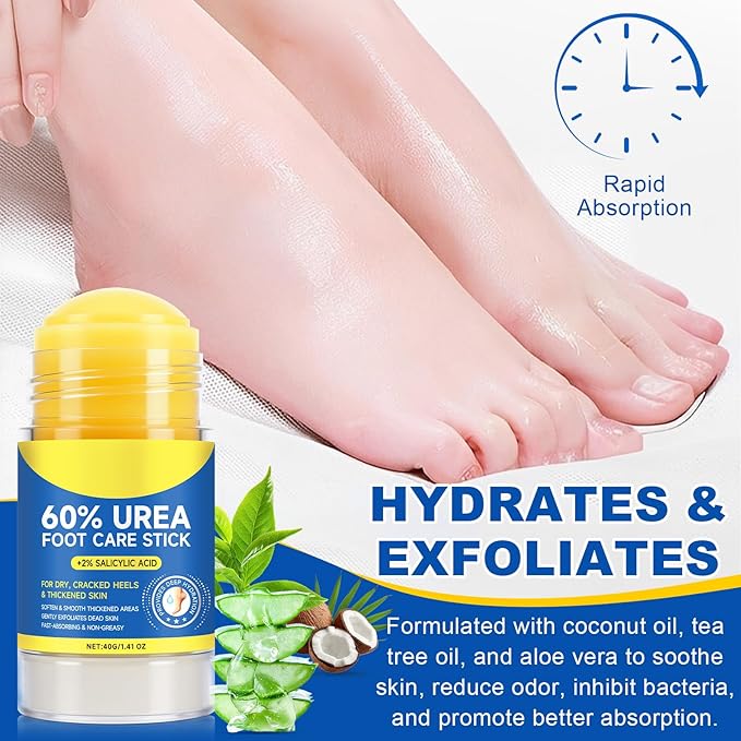 60% Urea Foot Care Stick plus 2% Salicylic Acid, Foot Lotion Hydrates & Nourish, Provides Deep Hydration, Soften & Smooth Thickened Areas, Fast-Absorbing, for Women and Men