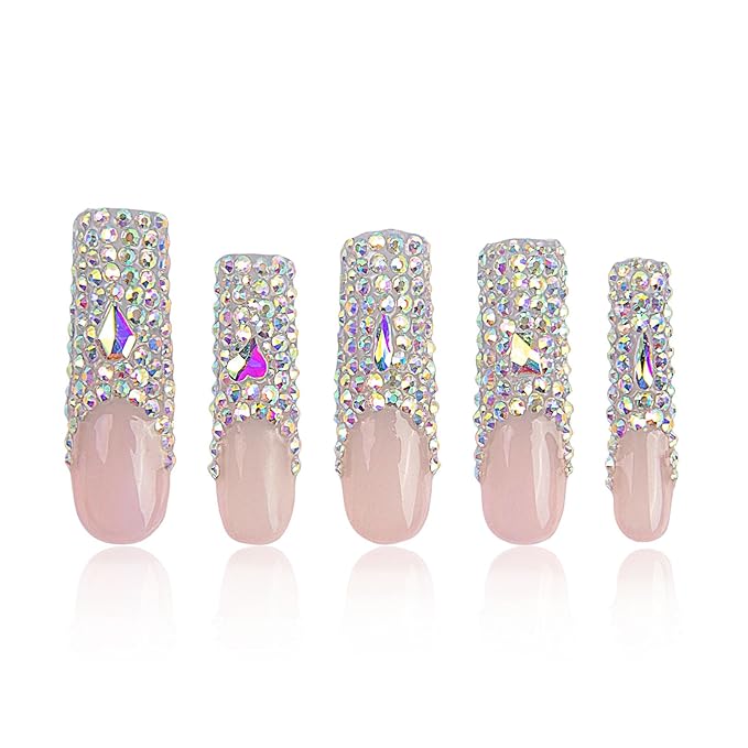 LOVFUL Press on Nails Angel's Tear Rhinestone | Handmade with Full Covered Crystals | Reusable Fake Nails | Square Mid length 1.7in | H48-L