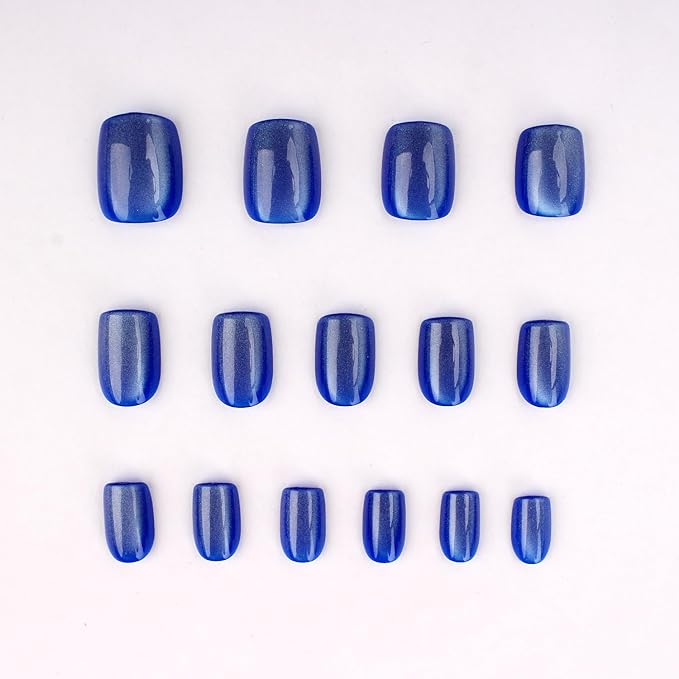 Blue Press on Nails Short Square Ice Blue Cat Eye Press on Nails Fashion Gel Fake Nails Reusable Acrylic Fake Nails Glossy Stick on Nails for Women Girls Gift Glue on Nails Kit