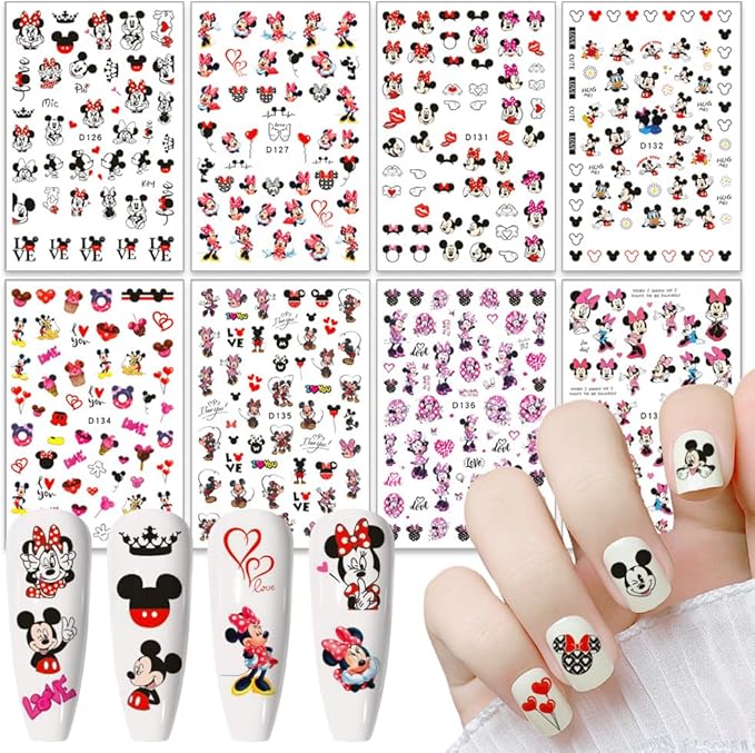 Valentines Nail Stickers Cute Cartoon Nail Art Stickers 3D Self Adhesive Nail Design Sticker Supply Valentines Day Romantic Love Heart Rose Cartoon Mouse Nail Decals for Women Girls DIY Manicure