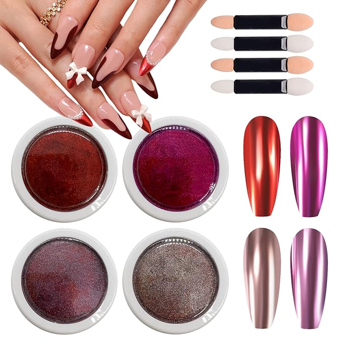 4 Boxes Red Chrome Nail Powder Mirror Effect Metalic Powder Pigments for Nails, Deepred, Pink，Rose Red Mirror Metallic Powder for Nails