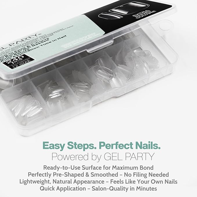GELPARTY Soft Gel Nail Tips Extra Short Square (XS) - 240Pcs Pre-Buffed Matte Full Cover Tips - Active Length, No Filing Needed, Soak Off Gel Extension System - Clear False Nails (12 Sizes)