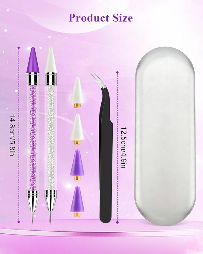 Difenni Rhinestone Picker Tool, Wax Pencil for Rhinestones Tool, Dual-Ended DIY Nail Bedazzling Tools with 2 Extra Purple and 2 Extra White Replaceable Wax Head and 1 Tweezer(Purple and White)
