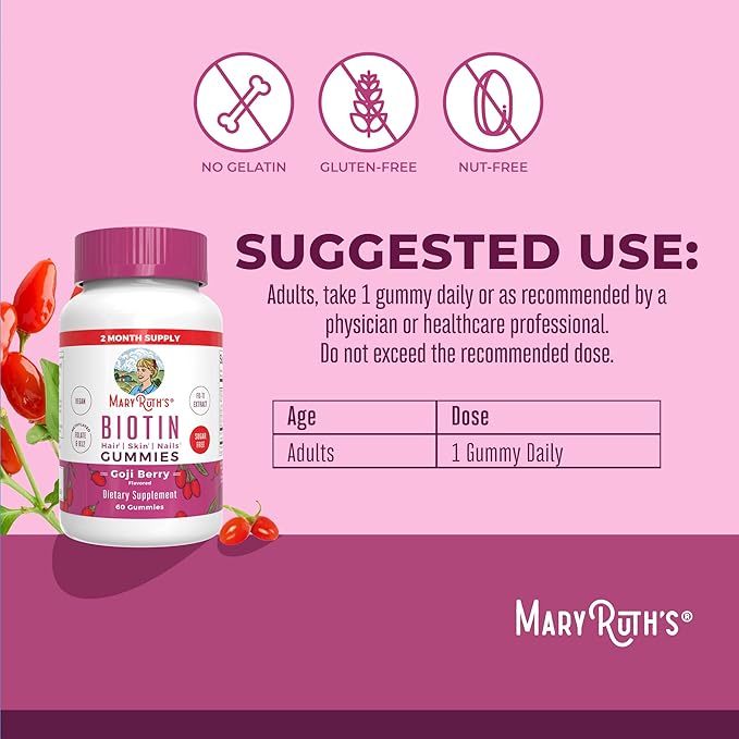 MaryRuth Organics Biotin Gummies | Sugar Free | Vegan | Non-GMO | 2,500 mcg Biotin Supplement | Hair Skin and Nails Vitamins | Hair Growth Vitamins | Hair Growth Supplement | 60 Count