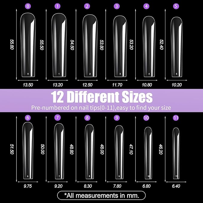Long Square Nail Tips, 240Pcs Full Cover Soft Gel Nail Tips Pre-shaped 3XL Straight Shape Clear Acrylic False Nail Fake Nail Extension Press On for Salon Home DIY 12 Sizes