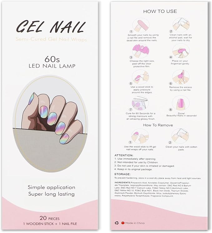 JMEOWIO Gel Nail Stickers Rainbow Glitter Semi Cured Gel Nail Strips Wraps UV/LED Nails Art Design Decoration Accessories
