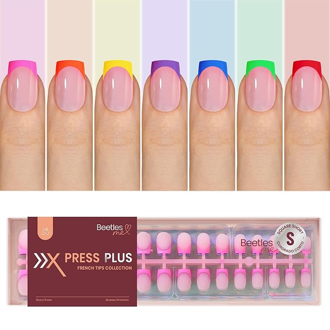 Beetles Summer Press On Nails 210 Pcs 7 Colors, French Tip Nails Short Square Classic Fake Nail Tips, Rainbow Soft Gel Nails False Nails Art DIY For Women