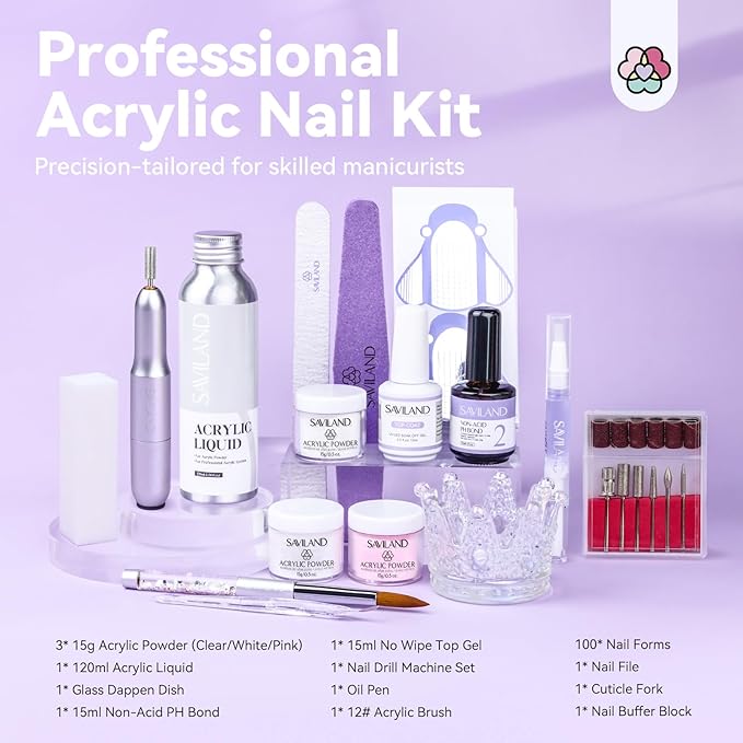 SAVILAND Acrylic Nail Kit with Drill: Professional Salon Nails Kit with Everything Acrylic Powder and Liquid Set Nail Brush Forms Top Gel & Manicure Tools Kit for DIY Extension Carving Home Use