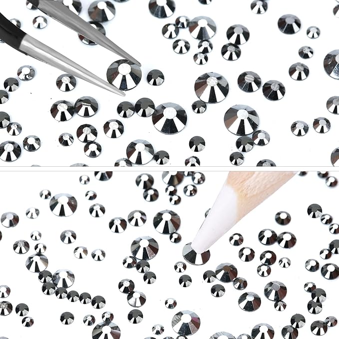 4240Pcs Jet Hematite Flatback Rhinestones 6 Sizes Crystal Diamonds for Nail Art Crafts Clothes Shoes with Tweezers and Picking Pen