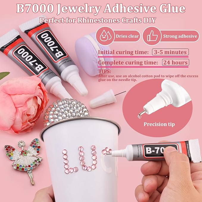 600PCS SS30/6mm Crystal Rhinestones (Light Pink) with 2Pcs 10ml B7000 Jewelry Glue, Bedazzling Flatback Glass Rhinestones for Crafting, Gems Diomand Charms for Tumbler Shoes Clothing Mugs Nail Art