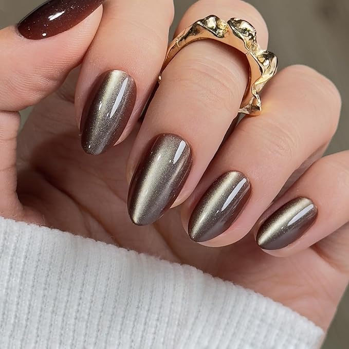 CurvLife Press On Nails Medium Almond, Reusable Soft Gel Fake Nails, Bronze Moca Cat Eye Metallic Glue On Nails with Adhesive Tabs, Salon Quality Natural Fit for Women Girls