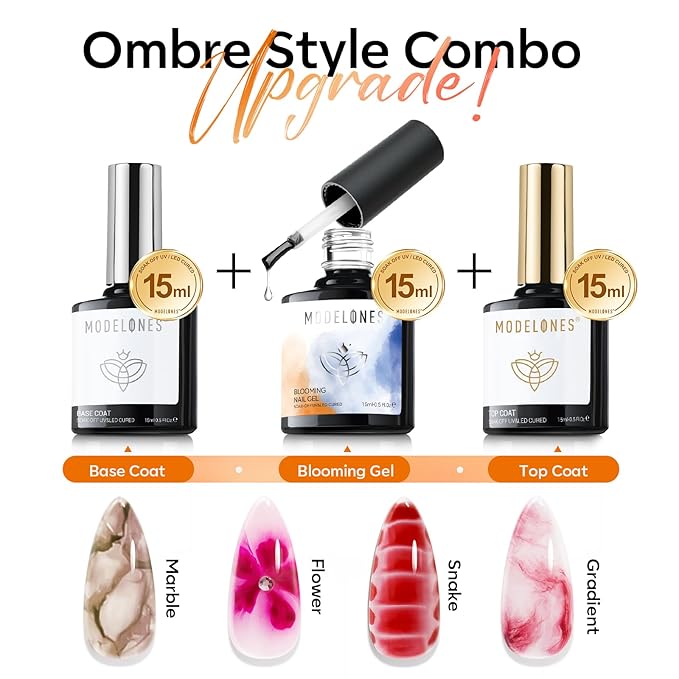 modelones Gel Top Base Coat and Blooming Gel Polish Set, 15ML 3PCS Clear Tortoise Bloom Marble Aura Painting Nail Art No Wipe Super Shiny Top Base Coat Soak Off U V DIY Manicure Gift for Women