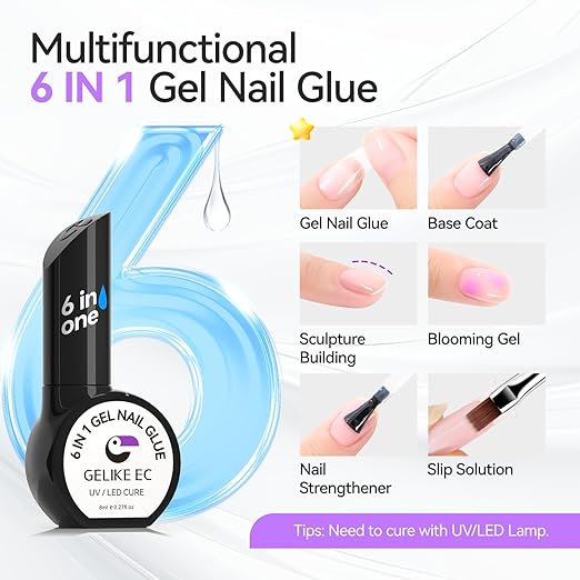 Gelike EC Gel Nail Glue for Beginners: 6 in 1 Strong Adhesive UV Nail Glue Press On Natural Acrylic Nail Tips for Salon Manicurist DIY Hema-Free Vegan 9 Toxics-Free Quick Dry Soak Off Low-Odor