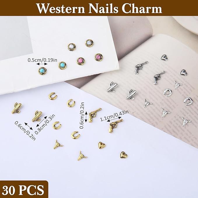 30 PCS Western Nail Charms - Retro Metal Cowboy Cowgirl Turquoise Nail Charms Western Stickers Decals Gems Decor, Vintage Turquoise Jewelry for DIY Crafts Art Accessories