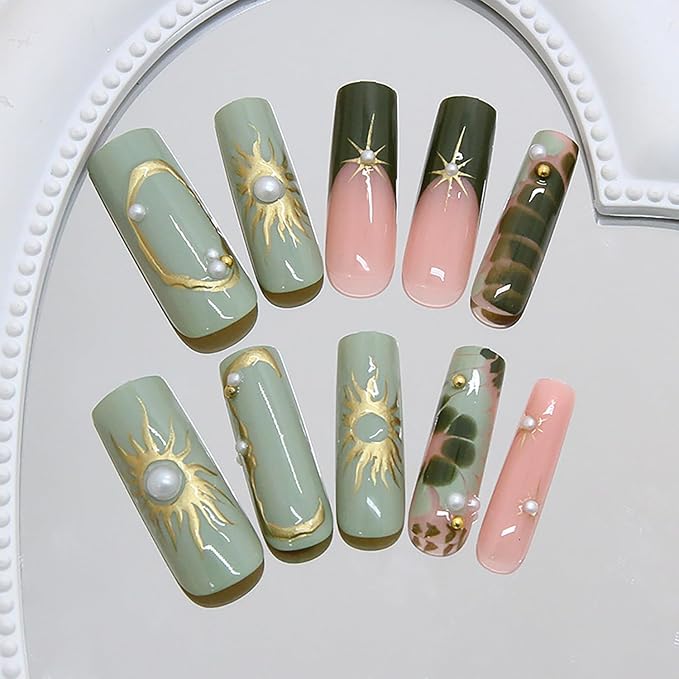 24pcs Green Press on Nails Medium Square French Tip Fake with 3d Gold Star Rhinestones Designs French Tip Artificial Glue on Nails Green Full Cover False Nails Nude Glossy Acrylic Nail decor for Women