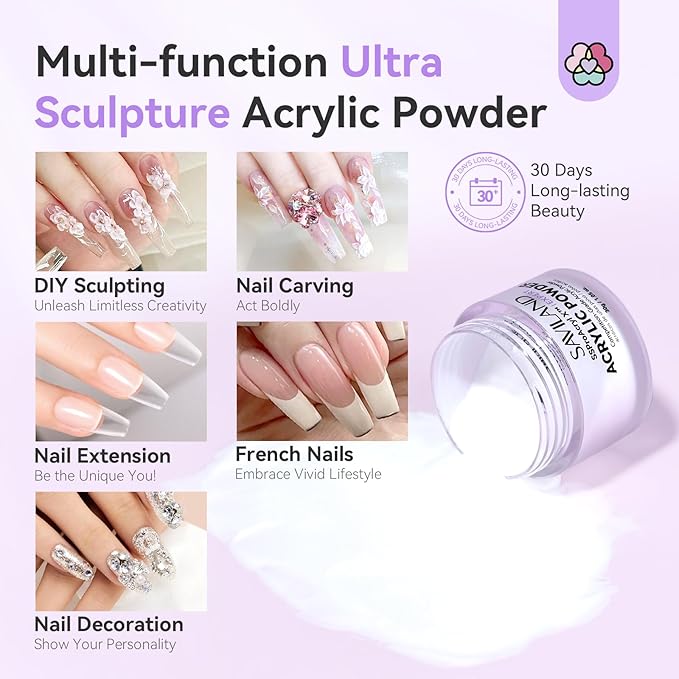 SAVILAND Ultra-Smooth Clear Acrylic Powder: Keratin Professional Acrylic Nail Powder Ultra Sculpture Tech for 3D Carving Nail Extension Tech Salon Studio Manicure