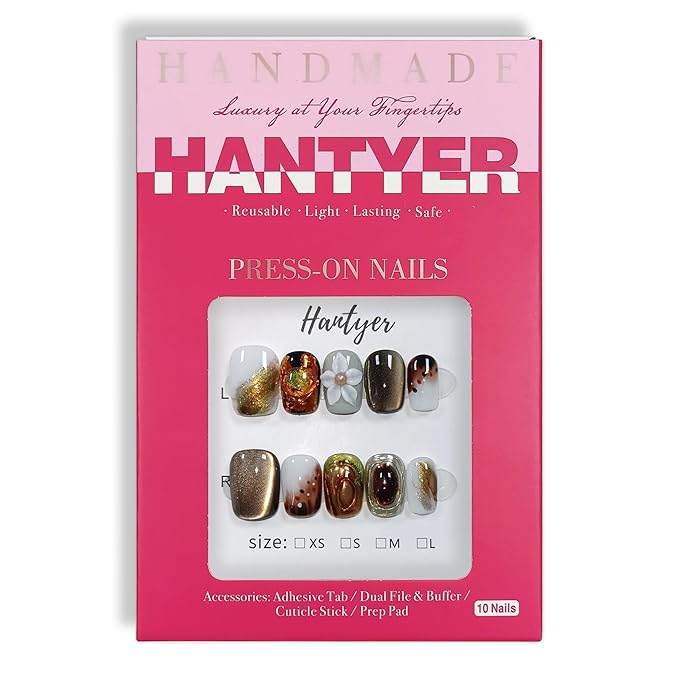 Coffee Brown Cat Eye Ombre Press on Nails with Handmade 3D Flowers & Gold Glitter ,Short Square Glossy Vintage Fake Nails, Reusable Elegant False Nails for Women Fall Winter Occasions, Size S