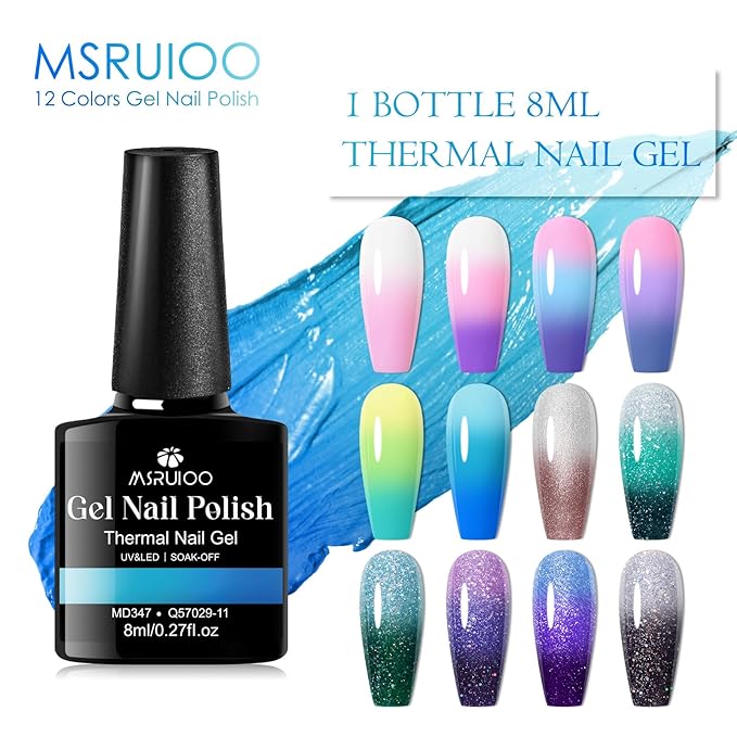 Color Changing Gel Nail Polish Set 12 Colors Temperature Mood Changed Glitter Pink Purple Soak Off UV/LED Nail Art Design Kit Manicure Gifts for Women Girls 8ml