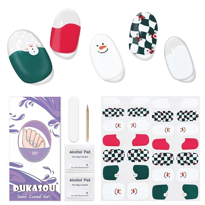 Christmas Semi Cured Gel Nail Strips, 28 pcs Gel Nail Stickers Christmas Tree Snowman Work with Any UV Lamps, Long-Lasting Nail Art Wraps Polish Elk, Salon-Quality, Easy to Apply