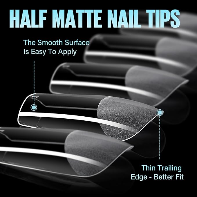TOMICCA Medium Square Nail Tips Half Matte Acrylic Fake Nails 240Pcs Long Full Cover False Nails Clear Gel Tips 12 Sizes for Nail Extension Home DIY Salon