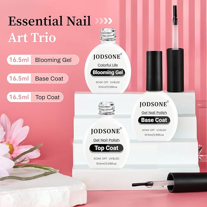 JODSONE 3Pcs 16.5ml Top Coat And Base Coat Set with Blooming Gel No Wipe Top Coat Base Blooming Gel for Spreading Effect Print Nail Painting Need U V Lamp Cured