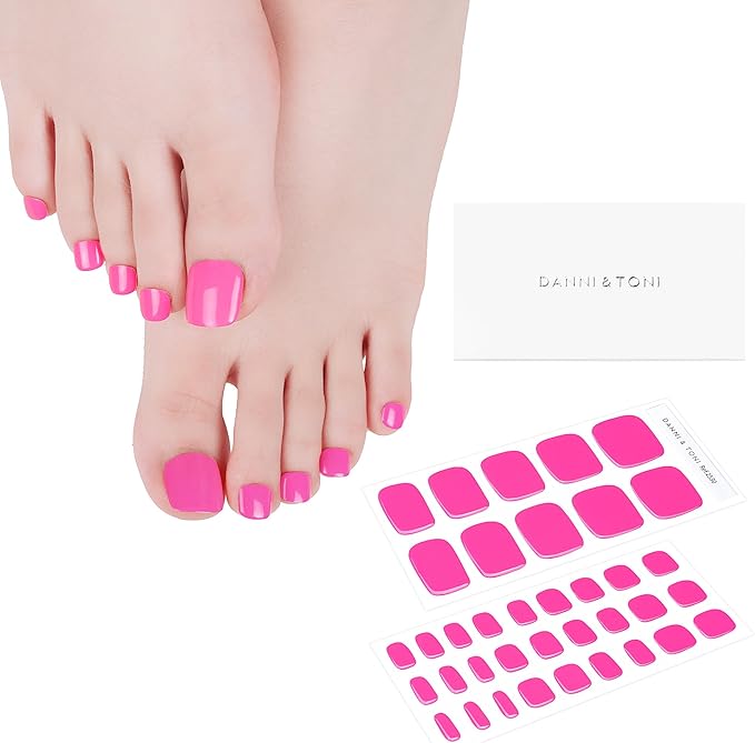 DANNI & TONI Semi Cured Gel Toenail Strips (Hot Pink) Bright Pink Gel Toenail Stickers Summer Pedi 37 Stickers