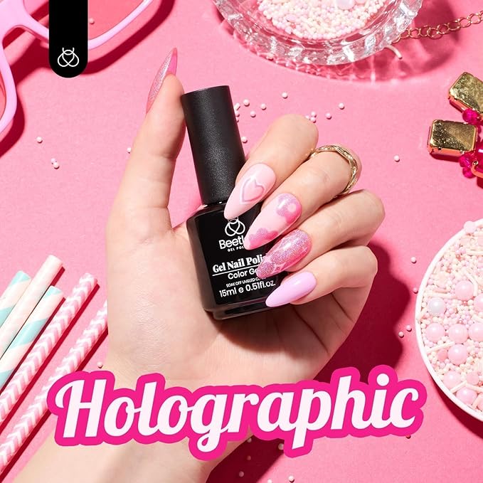Beetles Pink Glitter Gel Polish – Paradise Twilight Gel Nail Polish, Reflective Glitter Shimmer Pink Flash Dimond Mermaid Unicorn Effect Valentines Nails Soak Off UV LED 15ml