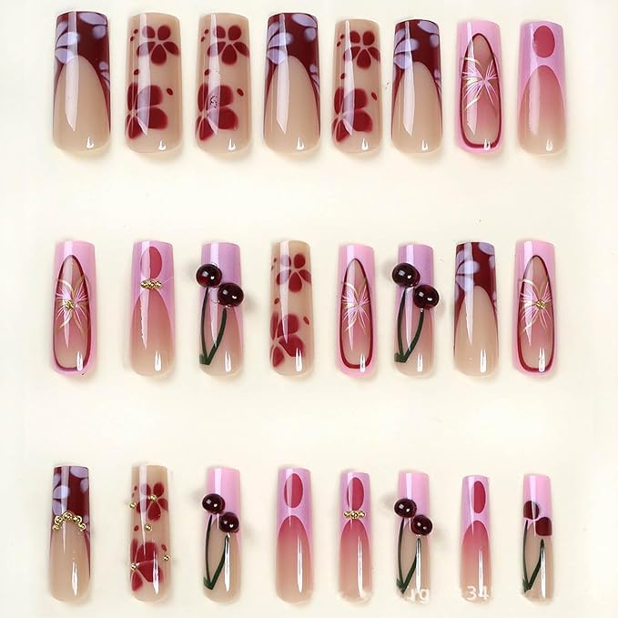 24Pcs Long Square Press on Nails - Pink French Tip with Handmade Cherry & Floral Designs, Full Cover Acrylic Fake Nails for Women, DIY Manicure