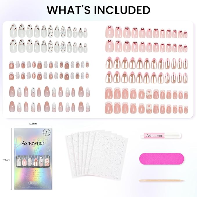 6 Packs (144 Pcs) | Reusable Press on Nails | cute nails | 6-Style Bundle | 12 Sizes | Each Style 24 Pcs | White theme bow