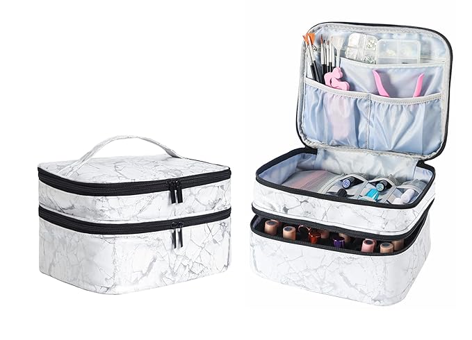 Nail Polish Organizer- Holds 30 Bottles Nail Supply Organizers and Storage Double-layer Nail Bag Organizer Case Nail varnish Organizer Nail Polish Storage Bag with Handle (White-a)