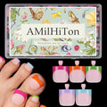 French Tip Toe Nail Press Ons, 150PCS Square Soft Gel Full Cover Toe Tips, 5 Colors (Pink/Orange/Green/Blue/Purple), 15 Sizes for Wide Nail Beds, Pre-Shaped for DIY French Pedicure & Salon