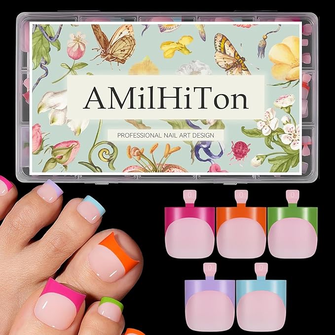French Tip Toe Nail Press Ons, 150PCS Square Soft Gel Full Cover Toe Tips, 5 Colors (Pink/Orange/Green/Blue/Purple), 15 Sizes for Wide Nail Beds, Pre-Shaped for DIY French Pedicure & Salon