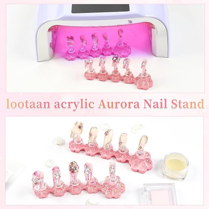 lootaan 2 Set Nail Holder for Painting Nails ,Fake Nail Tips Training ,Aurora Acrylic Nail Stand for Press on ,Nails Display with 96 Pcs Reusable Adhesive Putty(Laser pink)