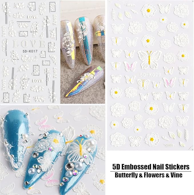 5D Embossed Flower Nail Art Stickers, 6 Sheets Self-Adhesive Nail Sticker Decals,Luxury Hollow Exquisite Pattern Spring Daisy Leaf Butterfly Lace Carving Design for Salon Home Acrylic Nail Decoration