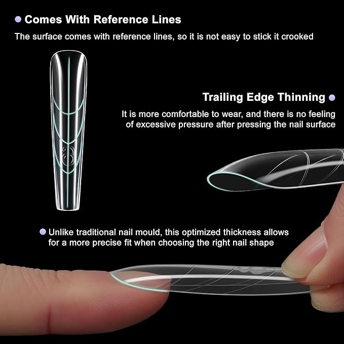VOCOSTE 240pcs Sandwich Dual Nail Forms, Long Coffin Nail Art Tools for Quick Nail Extension, 15 Sizes Plastic Reusable Form, Long Nails DIY Salon & Bride Party Manicure Kits