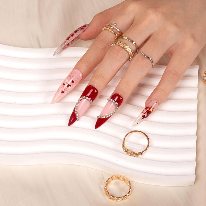 LOVFUL Press on Nails Valentine's Day Exclusive | Handmade with Full Covered Crystals | Reusable Full Cover Nails | Stiletto Mid Length 1.7 in | H154-L