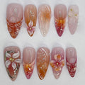 30Pcs Medium Almond French Tip Fake Nails with 3D Pink Flower Design, Glossy Pink Yellow Gradient, Acrylic, Full Cover, 24 Pcs