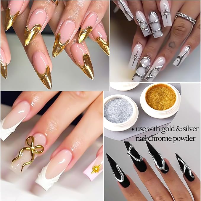 Solid Builder Nail Gel, Clear Sculpting Gel for Nail Art, Non-Sticky 3D Carving Modeling Hard Gels with Gold & Silver Chrome Nail Powder for DIY Salon Manicure at Home