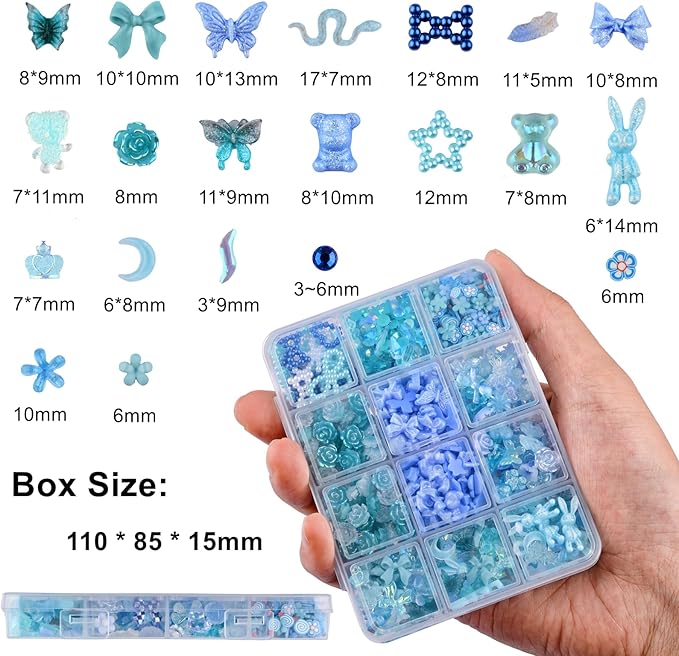 850 Pieces 3D Butterfly Rose Flower Bow Rabbit Bear Nail Charms Kit with Nail Art Rhinestones Pearls Crystal Gems Nail Slices for Manicure DIY Crafts Jewelry Accessories (Blue)