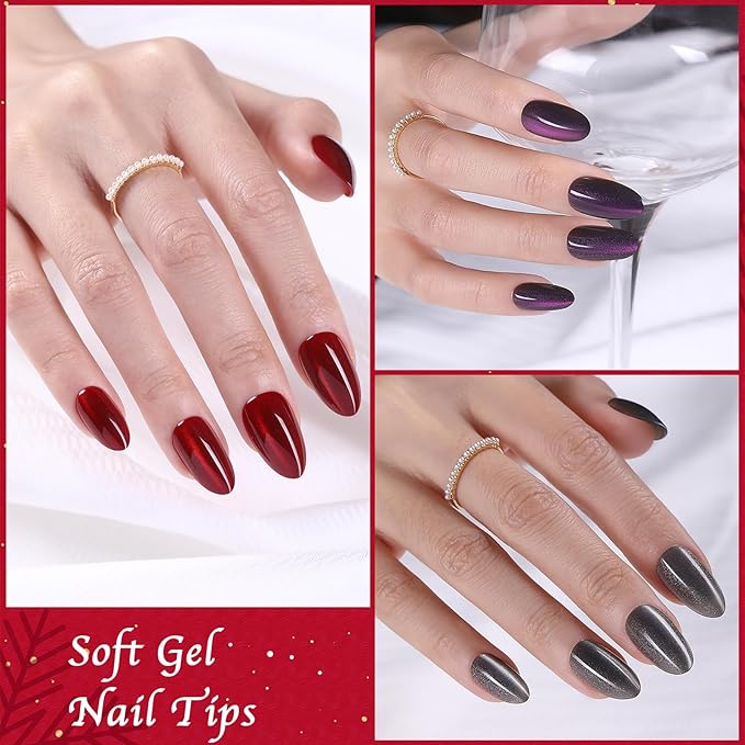 Glittering Cat Eye Press on Nails Short Almond, OPkssnails 150pcs Cat Eye Soft Gel Fake Nails, Acrylic Nail Tips for Women and Girls, Fit Perfectly & Natural Reusable on Nails in 15 Sizes