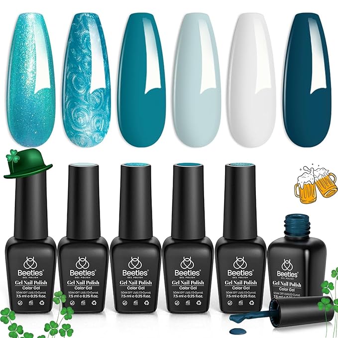 Beetles Blue Gel Polish Set - Mermaid Treasures Collection, Glitter Pearl Polish Navy Dark Blue Colors Gel Nail Art Design Soak off Uv Led Nail Lamp St Patrick Day