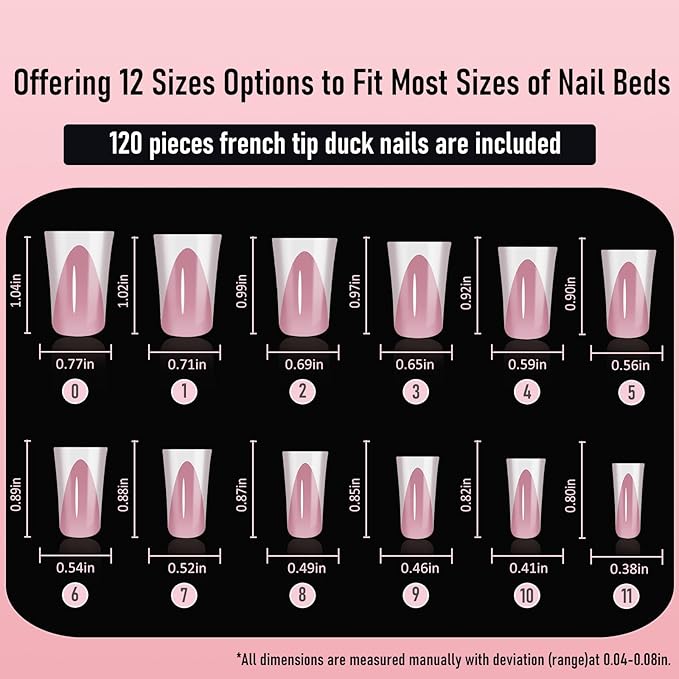 White French Tip Duck Nail Tips, Full Cover No C Curve Medium Wide Acrylic Press Ons Duck Feet Nails, Thick Soft Gel Fake False Nail Extension 12 Sizes 120 Pcs 5 Colors
