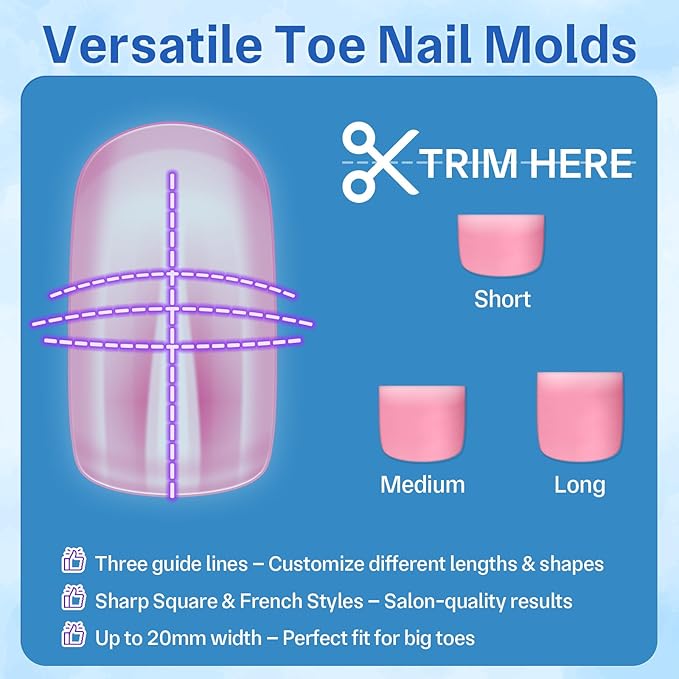 Pink Poly Gel Nail Kit For Toes, Reusable Full Cover Wide French Press on Toenails for Women Extensions Home DIY Nail Salon 300PCS 15Sizes