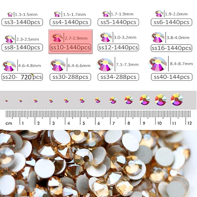Dowarm 1440 Pieces SS10 Flatback Crystal Rhinestones, 2.8MM for Craft Nails Dance Costumes, Non Hotfix Flat Back Nail Crystals (Golden Shadow/Champagne)