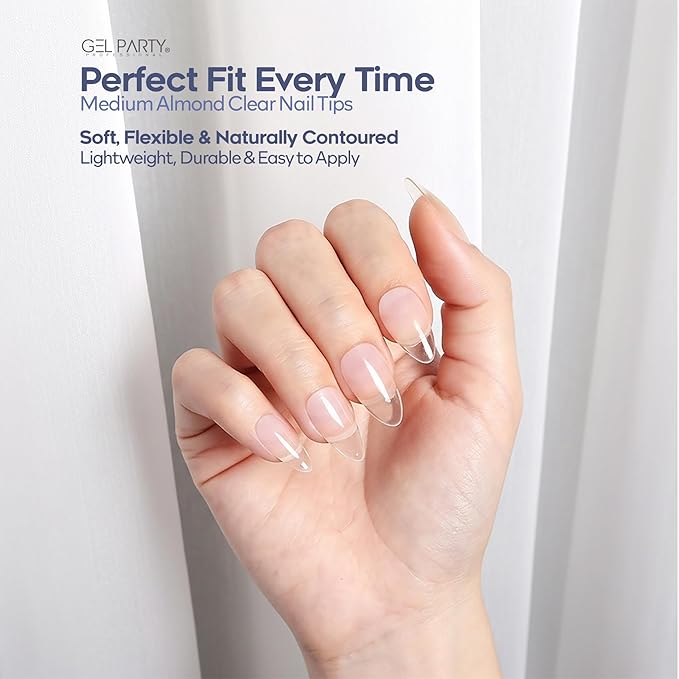 GELPARTY Soft Gel Nail Tips Medium Almond - 240Pcs Pre-Buffed Matte Full Cover Tips - No Filing Needed, Soak Off Gel Extension System - Clear False Nails (12 Sizes)